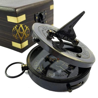 Nautical Sun Dial Compass with Wooden Box Gift for Hiking, Camping, Travel