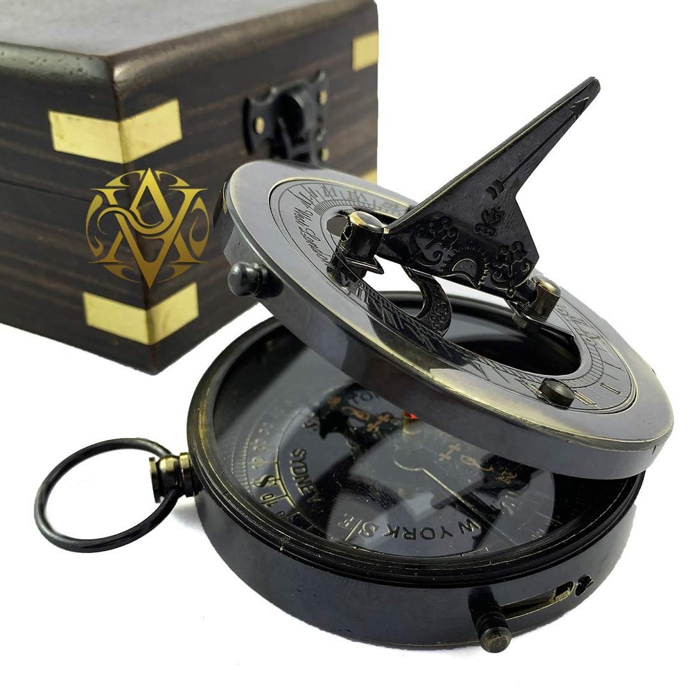 Nautical Sun Dial Compass with Wooden Box Gift for Hiking, Camping, Travel
