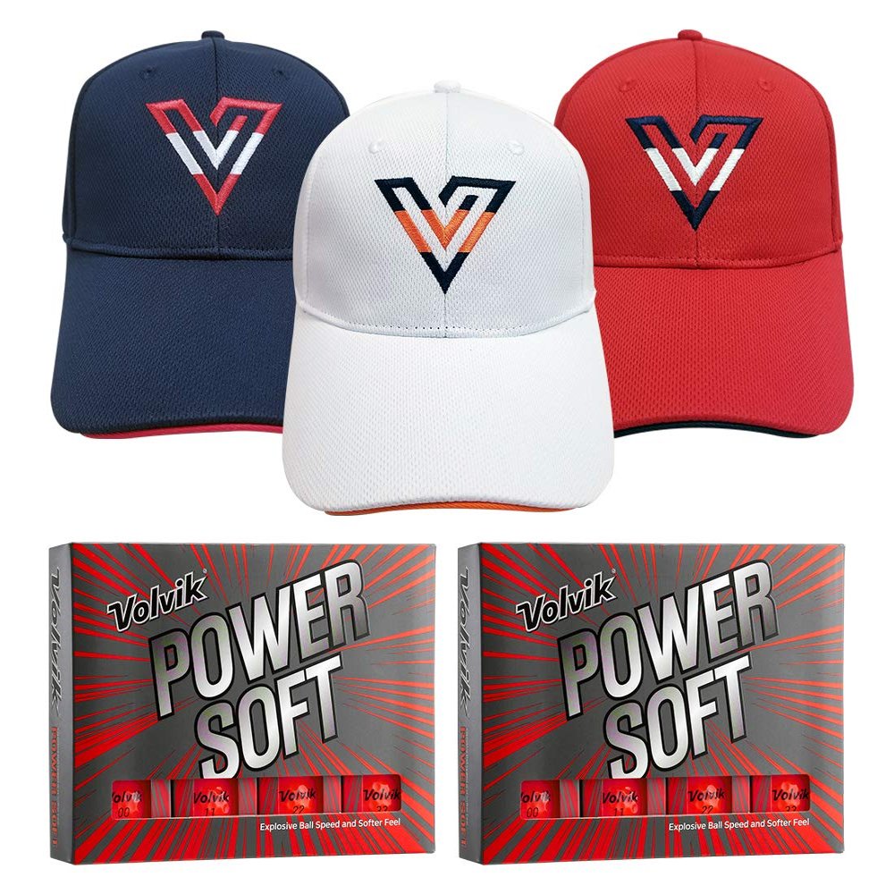 Volvik Power Soft Explosive Ball Speed 2 Dozen (Red Color 24 Balls) Golf Balls Bundle with & 3 Color V-Logo Hats (White, Navy, Red)