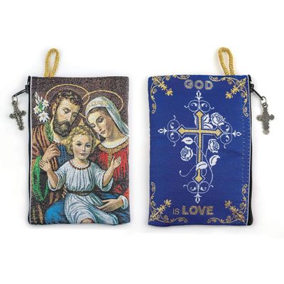 Catholic Rosary Pouch, Holy Family & God is Love, 4" x 6" Jewelry & Coin Purse with Cross, Small Woven Tapestry Icon Bag, Bolsa de Rosario Catlico para Joyera