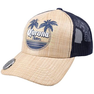 Corona Extra Trucker Hat with Built-in Bottle Opener, Adult Adjustable Straw and Mesh Snapback Baseball, Tan, One Size