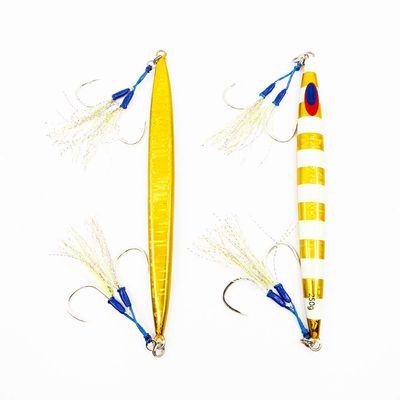 Jigs R Us Destroyer Gold Glow-250g Rigged with Top and Bottom Dual Assist Hooks.