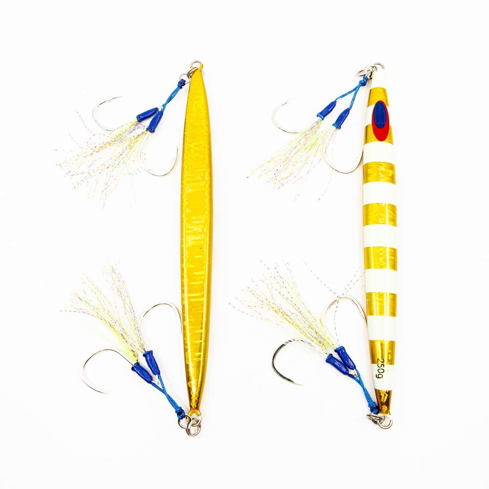 Jigs R Us Destroyer Gold Glow-250g Rigged with Top and Bottom Dual Assist Hooks.