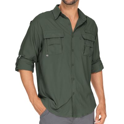 Mens Long Sleeve Shirts UV UPF 50 Sun Protection Hiking Fishing Safari Shirt Quick Dry Cool Utility Blouse (5052 Army Green S)