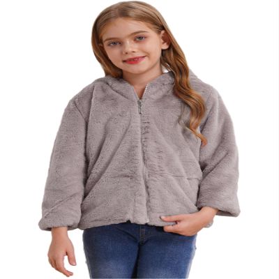 easyforever Girls Faux Fur Coat Hoodie Hooded Long Sleeve Cartoon Owl Print at Rear Mid-Length Coat for Autumn Winter Grey 8 Years