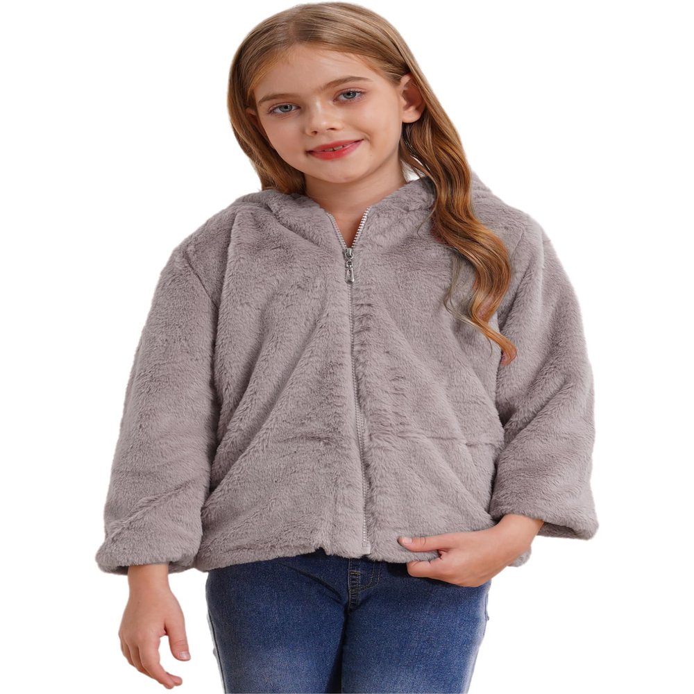 easyforever Girls Faux Fur Coat Hoodie Hooded Long Sleeve Cartoon Owl Print at Rear Mid-Length Coat for Autumn Winter Grey 8 Years