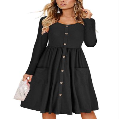 Andongnywell Dresses for Women's Solid Color Long Sleeve Crew Neck Button Down A-Line Casual Dressed with Pockets (Black,X-Large)
