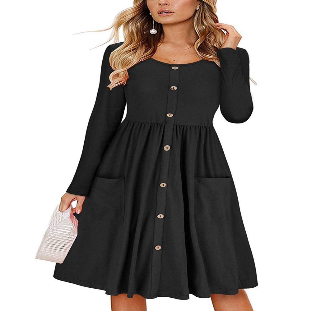 Andongnywell Dresses for Women's Solid Color Long Sleeve Crew Neck Button Down A-Line Casual Dressed with Pockets (Black,X-Large)