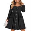 Andongnywell Dresses for Women's Solid Color Long Sleeve Crew Neck Button Down A-Line Casual Dressed with Pockets (Black,X-Large)