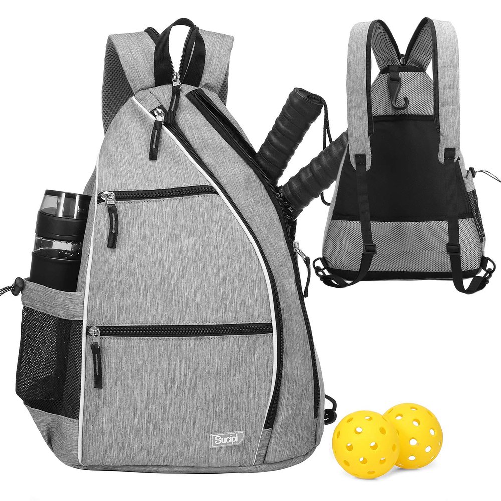 Sucipi Pickleball Bag - Men's -Women's Pickleball Backpack, Adjustable Sling Bag w/Fence Hook/Large Capacity/Safety Pocket-Gray