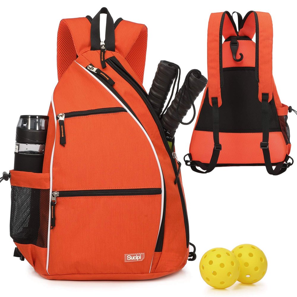 Sucipi Pickleball Bag - Men's -Women's Pickleball Backpack, Adjustable Sling Bag w/Fence Hook/Large Capacity/Safety Pocket-Orange