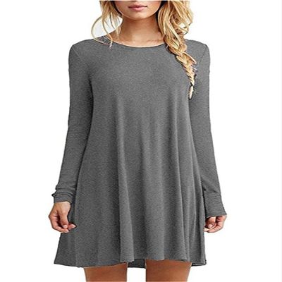 Andongnywell Women's Long Sleeve Pleated Loose Swing Casual Dress Patchwork Solid Color Slim Dresses (Gray,X-Large)
