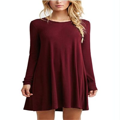 Andongnywell Women's Plus Size Long Sleeve Splicing Solid Color Slim Loose Swing Casual Dresses Length (Red Wine,Medium)