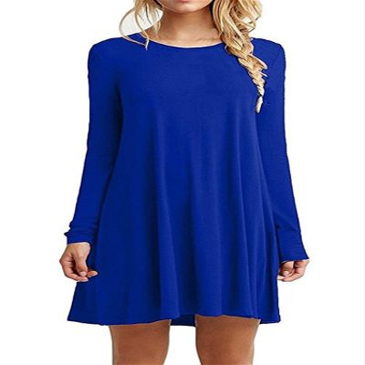 Andongnywell Women's Long Sleeve Loose Plain Dresses Casual Dresses Patchwork Solid Color Slim Fit Dressed (Blue,Small)
