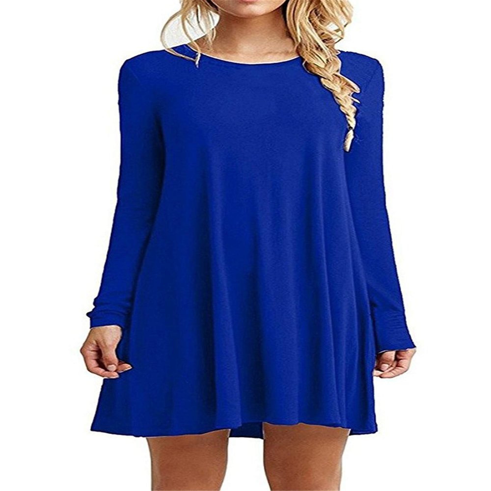 Andongnywell Women's Long Sleeve Loose Plain Dresses Casual Dresses Patchwork Solid Color Slim Fit Dressed (Blue,Small)