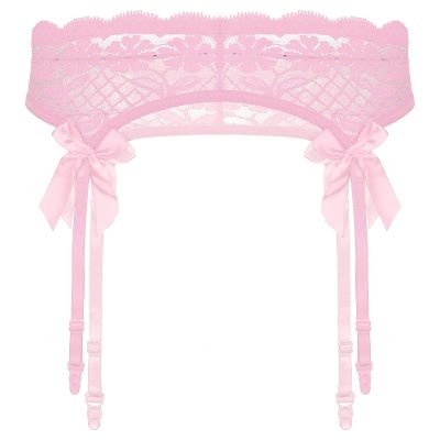dPois Mens Sissy Lace Trimming Underwear Low Waist Sheer Bowknot Suspender Garter Belts Pink OneSize
