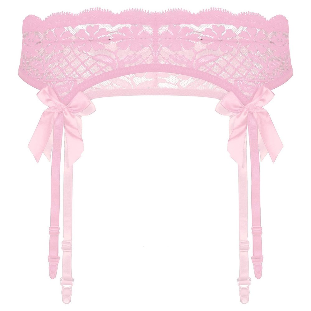 dPois Mens Sissy Lace Trimming Underwear Low Waist Sheer Bowknot Suspender Garter Belts Pink OneSize