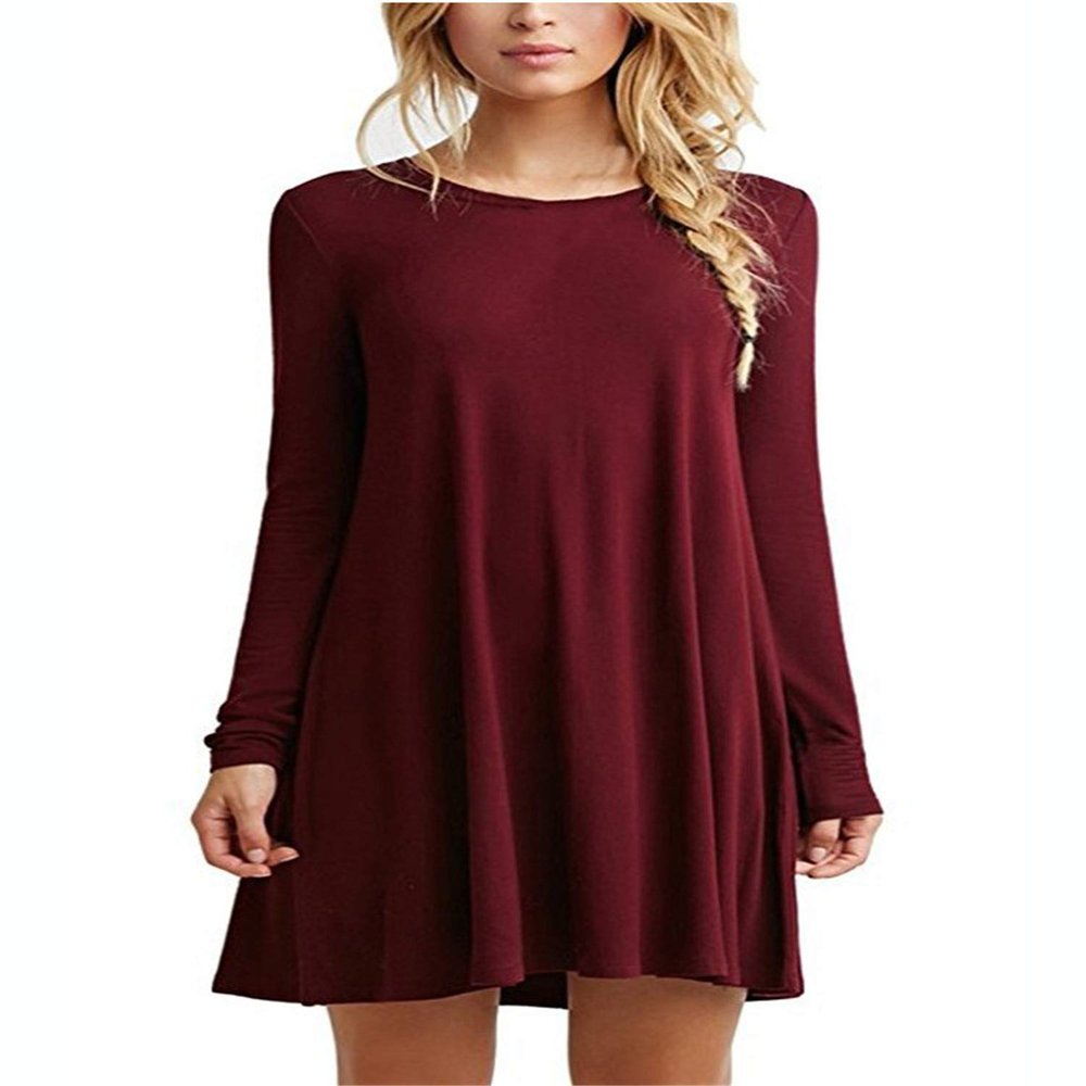 Andongnywell Women's Plus Size Solid Color Slim Summer Casual Mini Dress Long Sleeve Tshirt Dresses (Red Wine,Small)