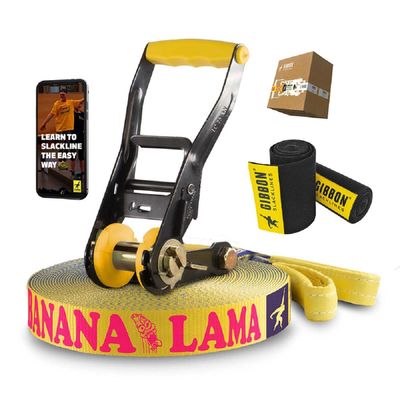 GIBBON BananaLama Slackline with TreeWear - Ultimate All Rounder Slack Line 49ft - 41ft x 1.5 Line & 8ft Ratchet Strap with Reinforced Loop