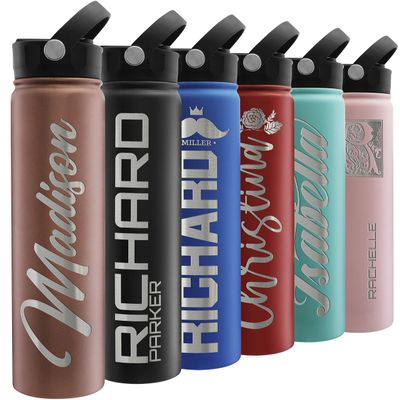 Custom Water Bottle w Straw Lid & Handle | 24 oz - Rose | Personalized Double-Wall Vacuum-Insulated Sports Water Bottle w Name, Text | Laser Engraved Water Bottle with 3 sizes, 12 designs & 9 color
