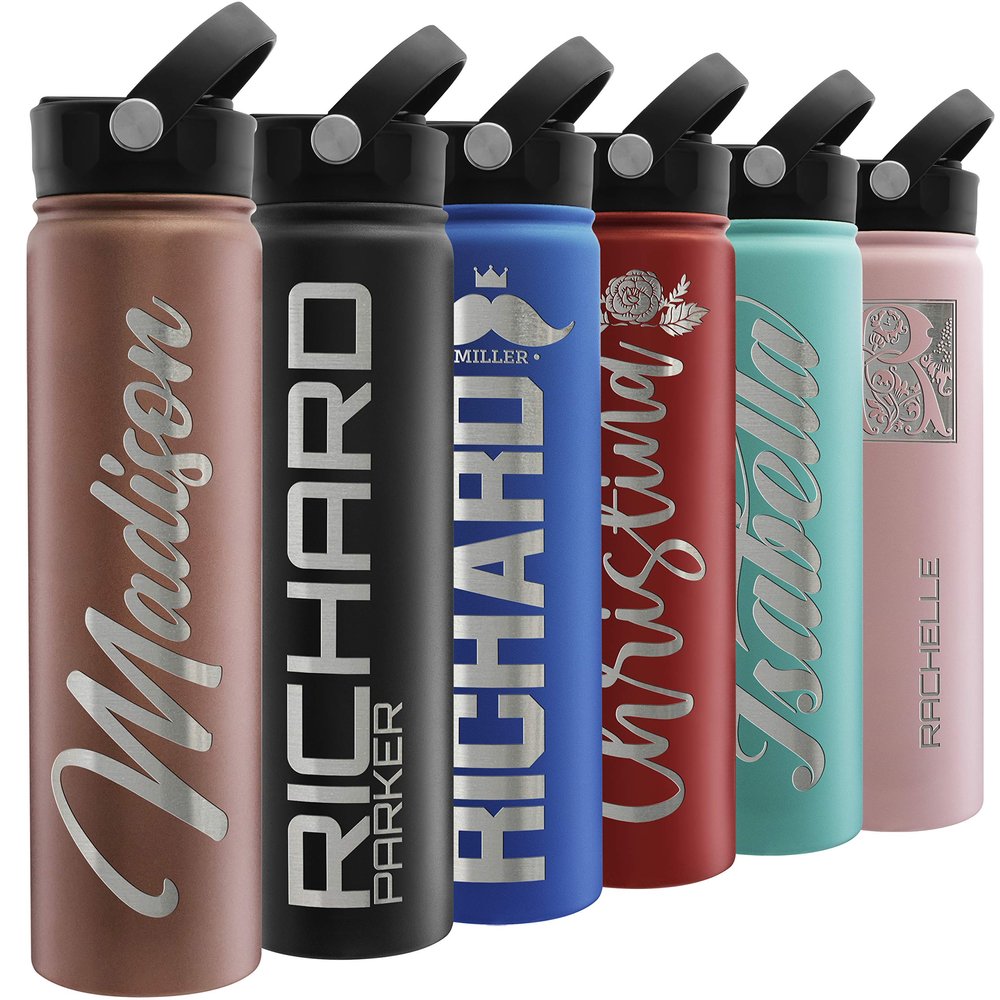 Custom Water Bottle w Straw Lid & Handle | 24 oz - Rose | Personalized Double-Wall Vacuum-Insulated Sports Water Bottle w Name, Text | Laser Engraved Water Bottle with 3 sizes, 12 designs & 9 color