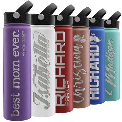 Custom Water Bottle w Straw Lid & Handle | 24 oz - Purple | Personalized Double-Wall Vacuum-Insulated Sports Water Bottle w Name, Text | Laser Engraved Water Bottle with 3 sizes, 12 designs & 9 color