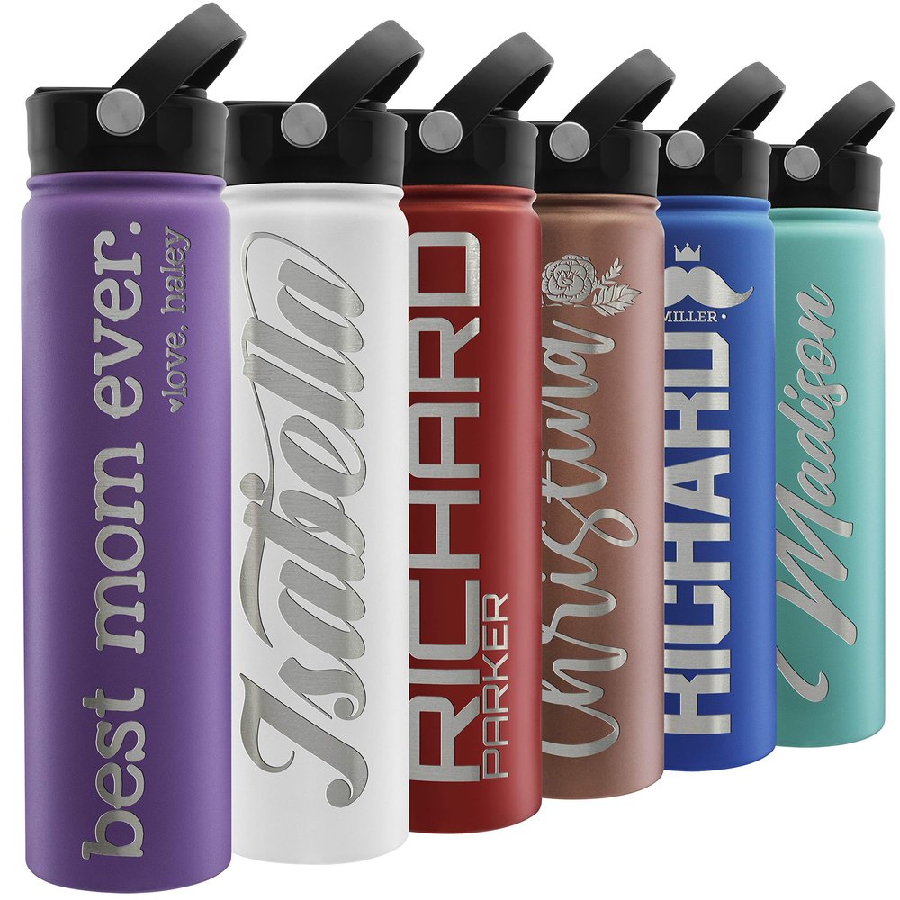 Custom Water Bottle w Straw Lid & Handle | 24 oz - Purple | Personalized Double-Wall Vacuum-Insulated Sports Water Bottle w Name, Text | Laser Engraved Water Bottle with 3 sizes, 12 designs & 9 color