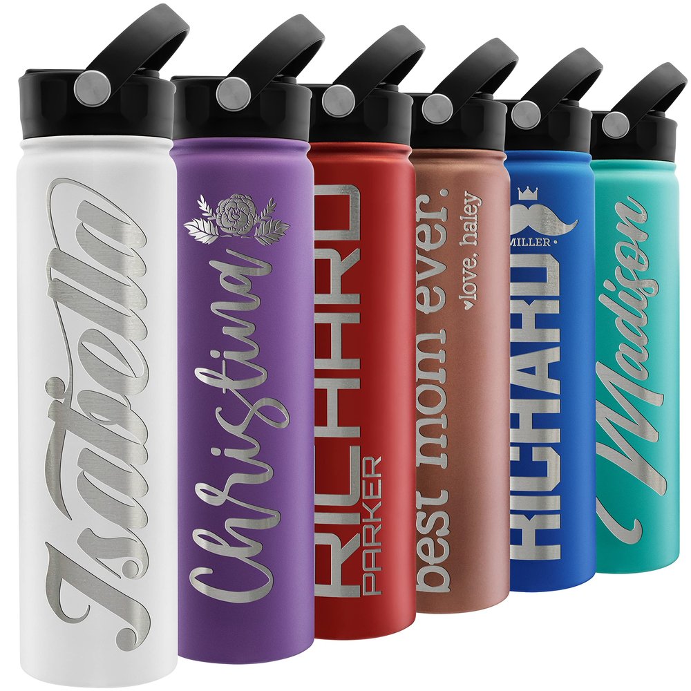 Custom Water Bottle w/ Straw Lid & Handle - 3 sizes, 12 designs & 9 color - Personalized Double-Wall Vacuum-Insulated Sports Water Bottle w Name & Text, Laser Engraved Water Bottle - 24 OZ, White