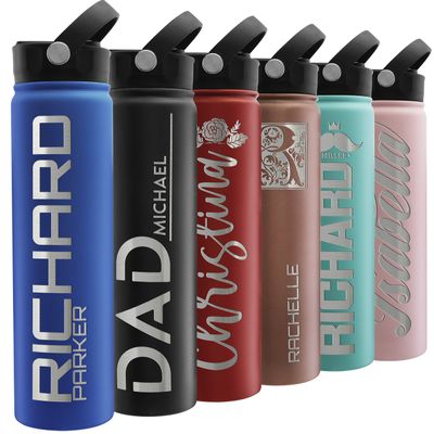 Custom Water Bottle w Straw Lid & Handle - 24 oz, Blue - Personalized Double-Wall Vacuum-Insulated Sports Water Bottle w Name, Text | Laser Engraved Water Bottle with 3 sizes, 12 designs & 9 color