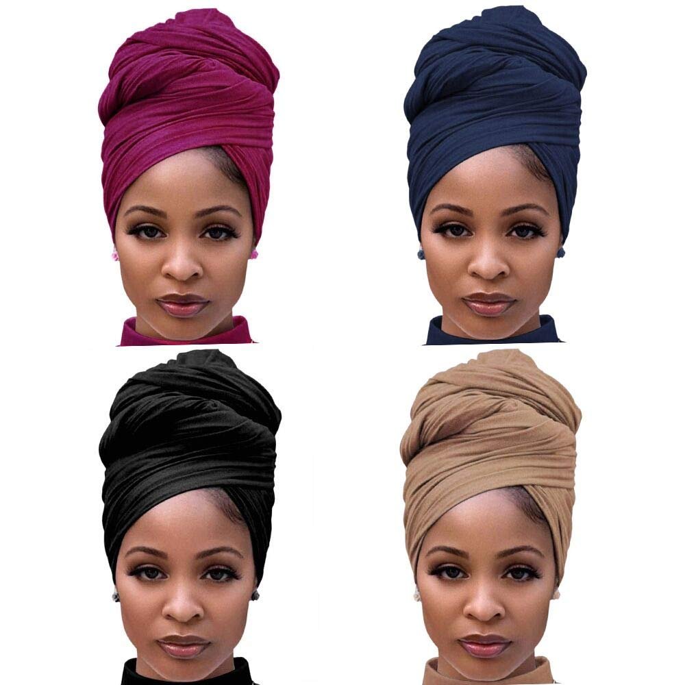 Stretch Jersey Turban Head Wrap Scarf African Headwraps for Women Head Wraps Long Hair Scarf Ultra Soft Breathable Solid Color Turban Tie Large Headband (Black Rose Red Brown Navy Blue)