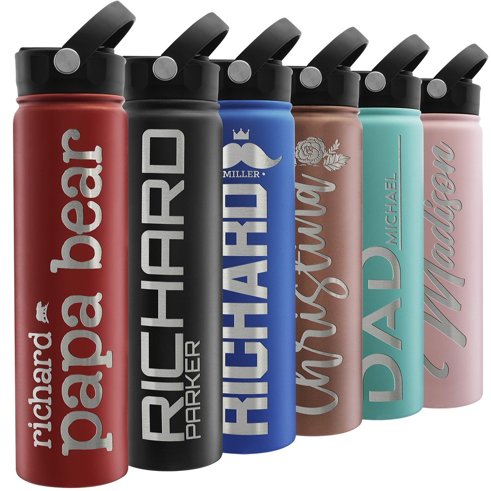 Custom Water Bottle w Straw Lid & Handle | 24 oz - Red | Personalized Double-Wall Vacuum-Insulated Sports Water Bottle w Name, Text | Laser Engraved Water Bottle