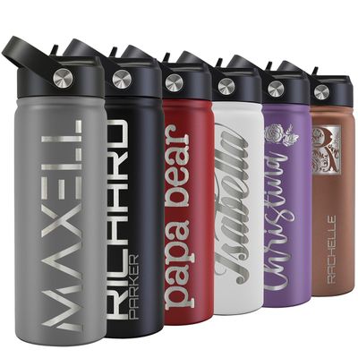 Custom Water Bottle w Straw Lid & Handle | 24 oz - Gray | Personalized Double-Wall Vacuum-Insulated Sports Water Bottle w Name, Text | Laser Engraved Water Bottle with 3 sizes, 12 designs & 9 color