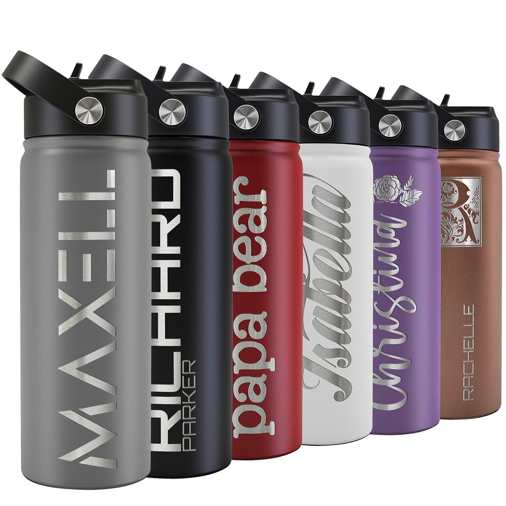 Custom Water Bottle w Straw Lid & Handle | 24 oz - Gray | Personalized Double-Wall Vacuum-Insulated Sports Water Bottle w Name, Text | Laser Engraved Water Bottle with 3 sizes, 12 designs & 9 color