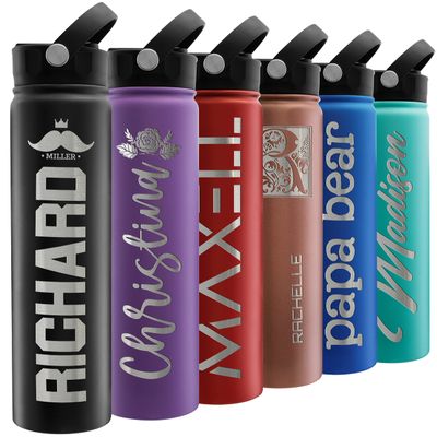 Custom Water Bottle w/ Straw Lid & Handle - 24 oz & Black - Personalized Double-Wall Vacuum-Insulated Sports Water Bottle w Name & Text, Laser Engraved Water Bottle with 3 sizes, 12 designs & 9 color
