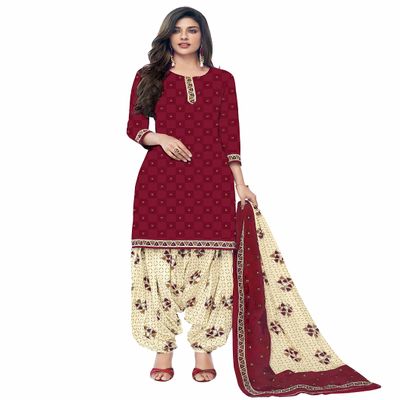 Miraan Women's Cotton Printed Readymade Salwar Suit Large Maroon