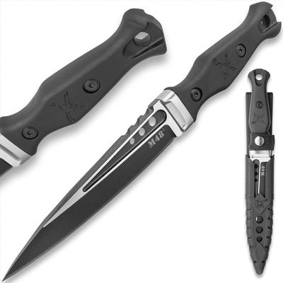 M48 Highland Sgian with Sheath | 5 1/4" Black Oxide-Coated Cast Stainless Steel Blade | Three Through-Holes | Contoured Black TPR Handle | Molded Vortec Sheath with Nylon Strap | 9 1/2" Overall