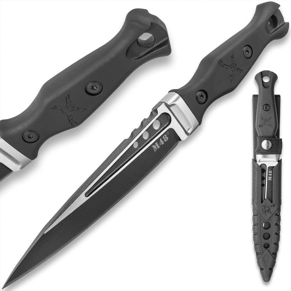M48 Highland Sgian with Sheath | 5 1/4" Black Oxide-Coated Cast Stainless Steel Blade | Three Through-Holes | Contoured Black TPR Handle | Molded Vortec Sheath with Nylon Strap | 9 1/2" Overall