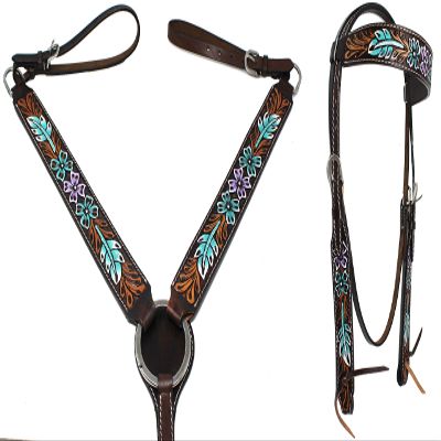 CHALLENGER Horse Western Leather Tooled Bridle Headstall Breast Collar Tack Purple 78HR21B