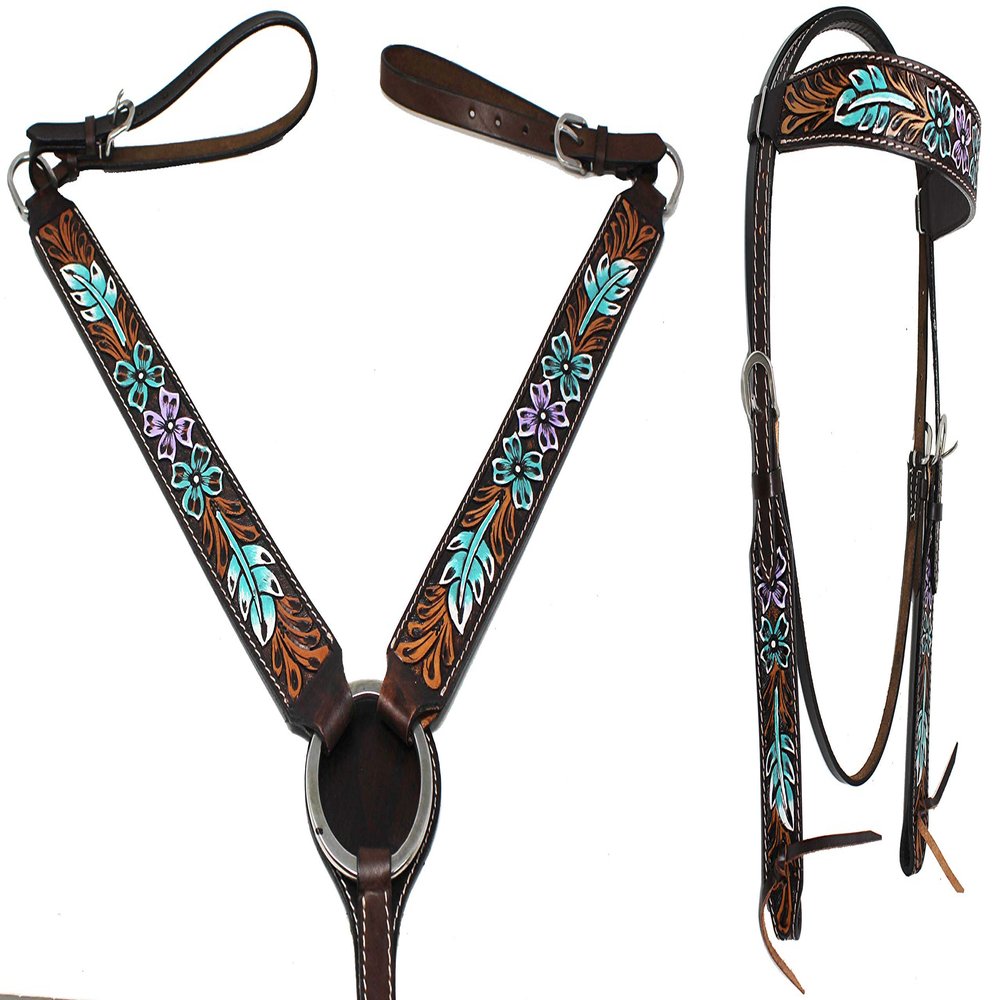 CHALLENGER Horse Western Leather Tooled Bridle Headstall Breast Collar Tack Purple 78HR21B