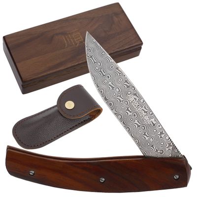 YOUSUNLONG Pocket Knife - Folding Knife - Japanese Damascus Steel Blade Overall 186mm - Natural Rosewood Handle with Leather sheath and Natural Walnut Wooden Box Case for Camping Hiking Fishing