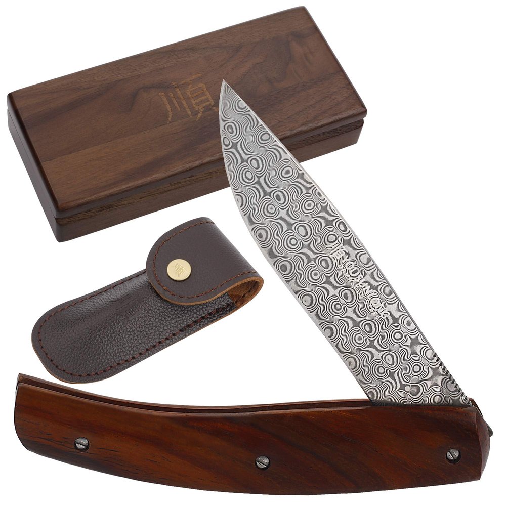 YOUSUNLONG Pocket Knife - Folding Knife - Japanese Damascus Steel Blade Overall 186mm - Natural Rosewood Handle with Leather sheath and Natural Walnut Wooden Box Case for Camping Hiking Fishing