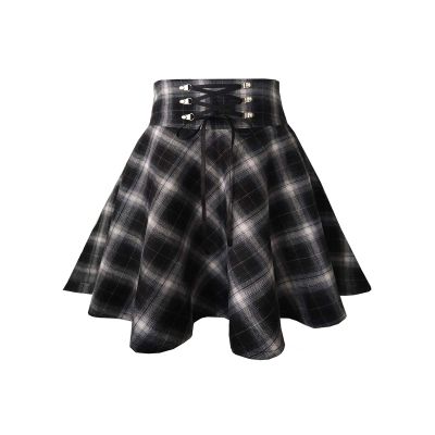 TONCHENGSD Women's Gothic Punk Plaid Pleated High Waisted Short A-line Flare Mini Skirt (Black Plaid,S)