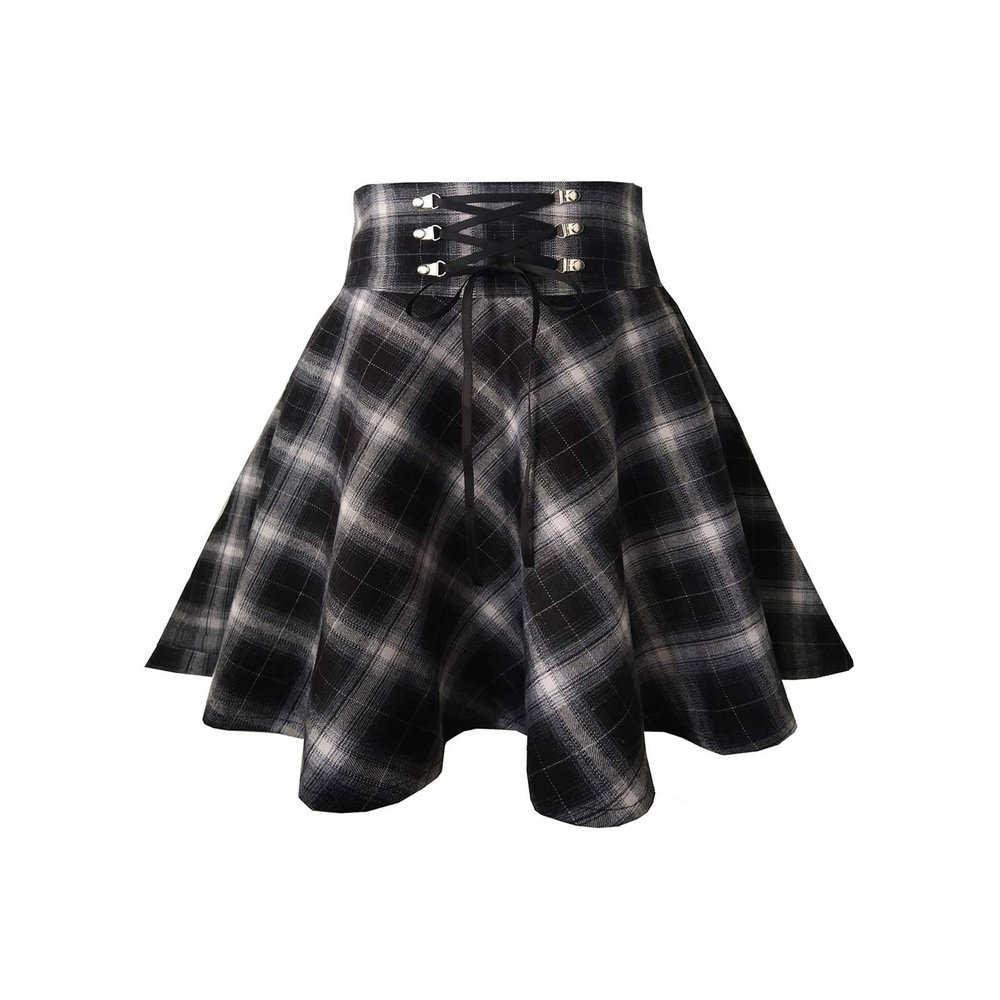 TONCHENGSD Women's Gothic Punk Plaid Pleated High Waisted Short A-line Flare Mini Skirt (Black Plaid,S)