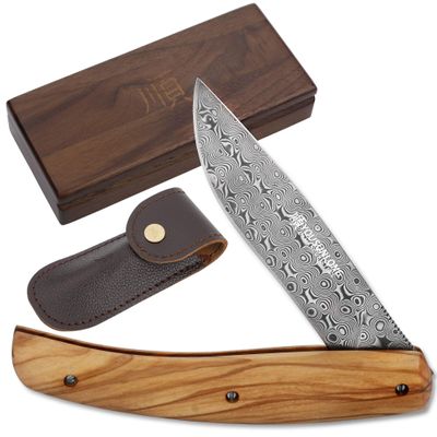 YOUSUNLONG Pocket Knife - Utility Knife Overall 186mm - Japanese Damascus Steel Blade - Natural Olive Handle with Leather sheath and natural walnut wooden knife box for camping hiking fishing