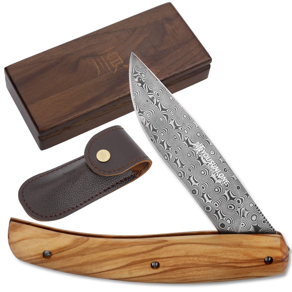 YOUSUNLONG Pocket Knife - Utility Knife Overall 186mm - Japanese Damascus Steel Blade - Natural Olive Handle with Leather sheath and natural walnut wooden knife box for camping hiking fishing