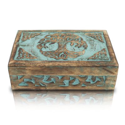 Great Birthday Gifts Handmade Decorative Wooden Jewelry Box Tree Of Life Carving Jewelry Organizer Keepsake Box Treasure Chest Trinket Holder Watch Box Storage Lock Box Housewarming Gift (Blue)