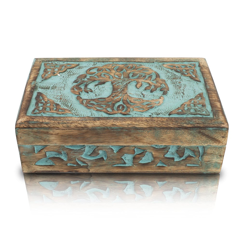 Great Birthday Gifts Handmade Decorative Wooden Jewelry Box Tree Of Life Carving Jewelry Organizer Keepsake Box Treasure Chest Trinket Holder Watch Box Storage Lock Box Housewarming Gift (Blue)