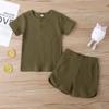 Infant Toddler Baby Girls Boys Ribbed Outfit Knitted Short Sleeve T-Shirt Tops and Shorts Set 2Pcs Summer Clothes (B-Army Green,18-24 Months) view 3