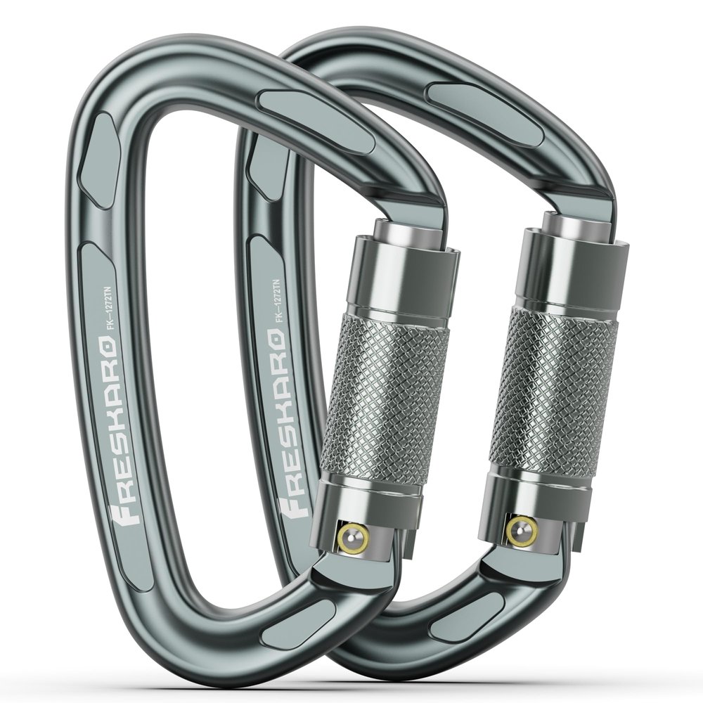 FresKaro Climbing Carabiner Clips, 25kN UIAA Certified Quickdraws, Auto Locking Heavy Duty Caribeaner, Twist Lock Karabiner Hook for Rock Climbing, Rappelling, and Mountaineering, Large, 2pack, Gray