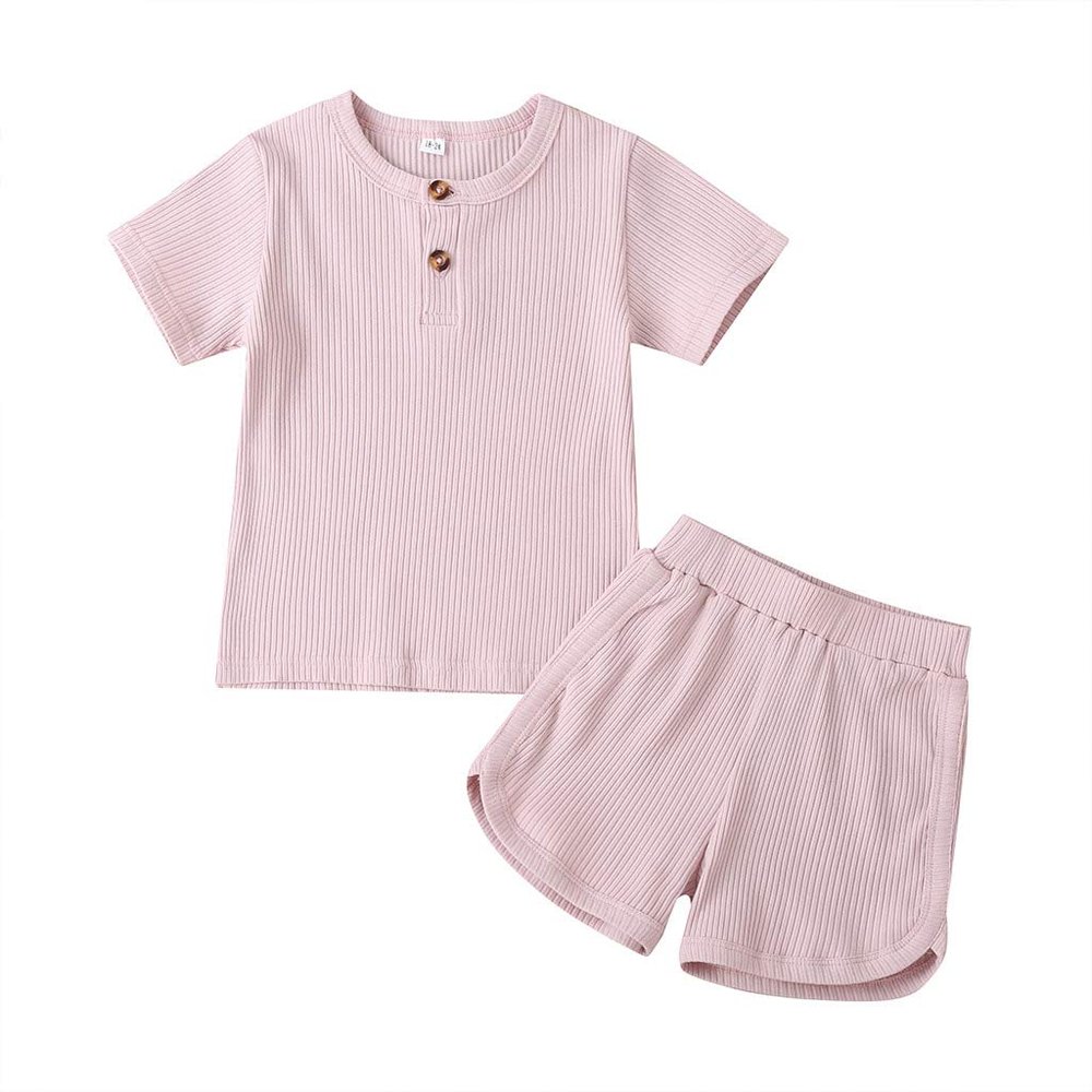 Infant Toddler Baby Girls Boys Ribbed Outfit Knitted Short Sleeve T-Shirt Tops and Shorts Set 2Pcs Summer Clothes (B-Pink,18-24 Months)